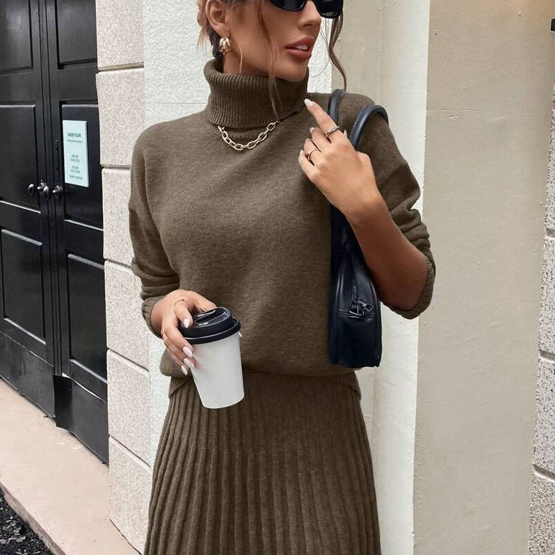 Gebreide Dames Set – Coltrui & Rok in Chocoladebruin | Herfst & Winter Outfit