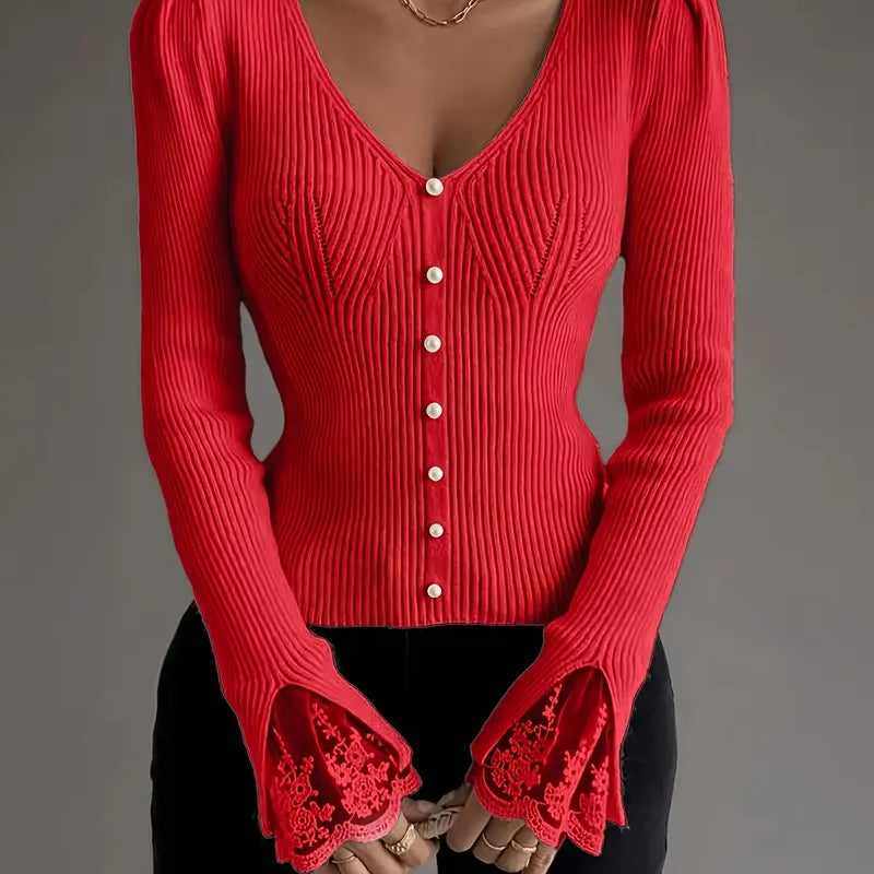 Elegante Geribde Damestrui met V-hals en Kantdetails