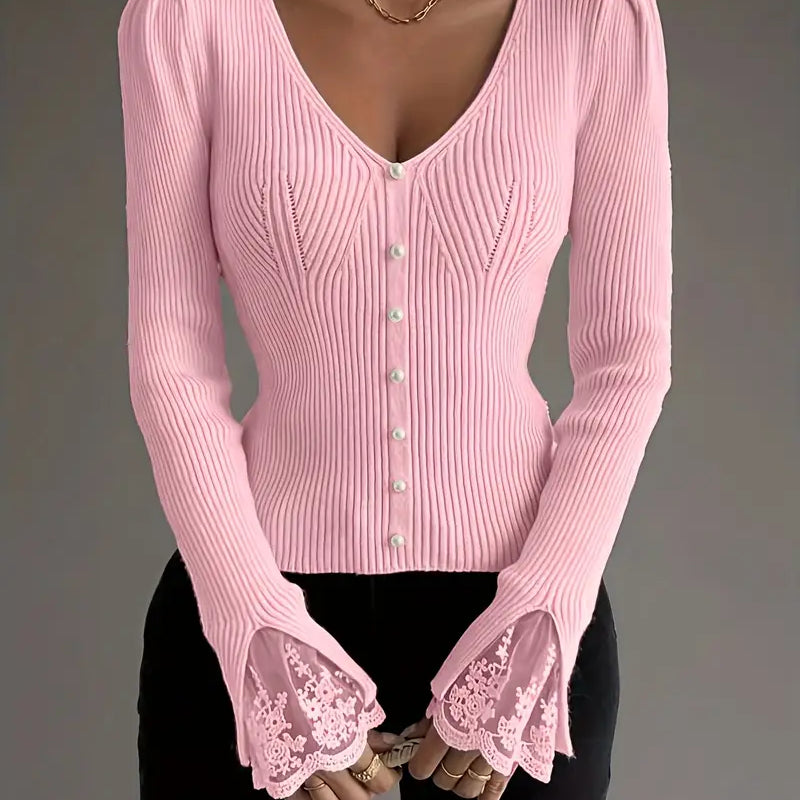 Elegante Geribde Damestrui met V-hals en Kantdetails