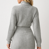 Dames Gebreide Grijze Jurk met Colkraag en Lange Mouwen - NoorderAmsterdam