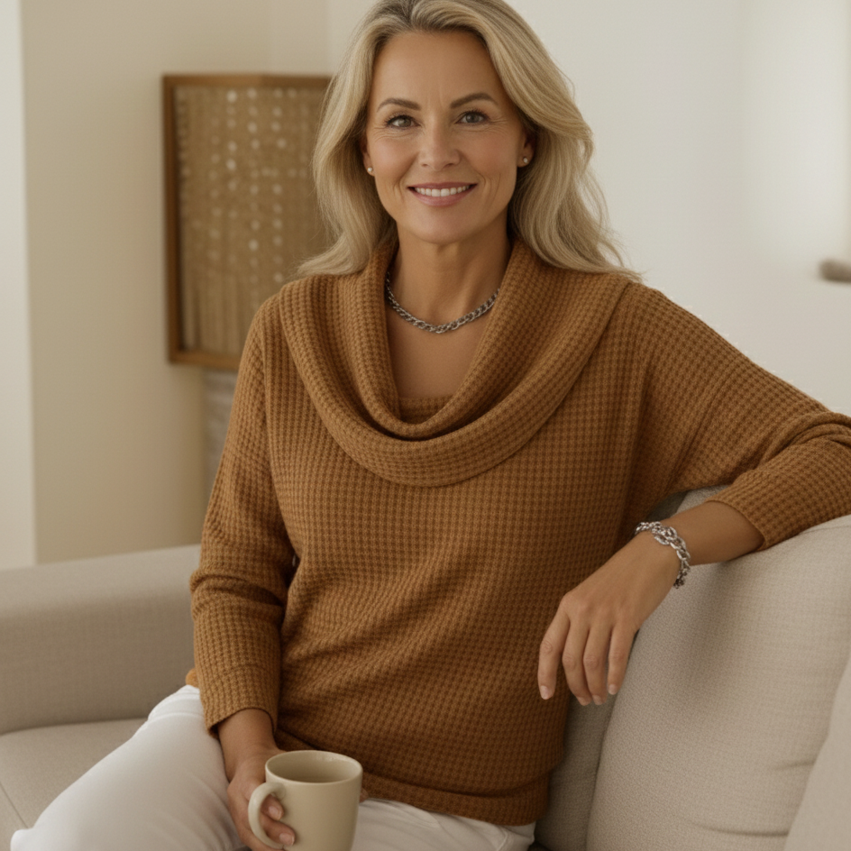 Amber™ – Warme Wafeltrui met Elegante Watervalhals