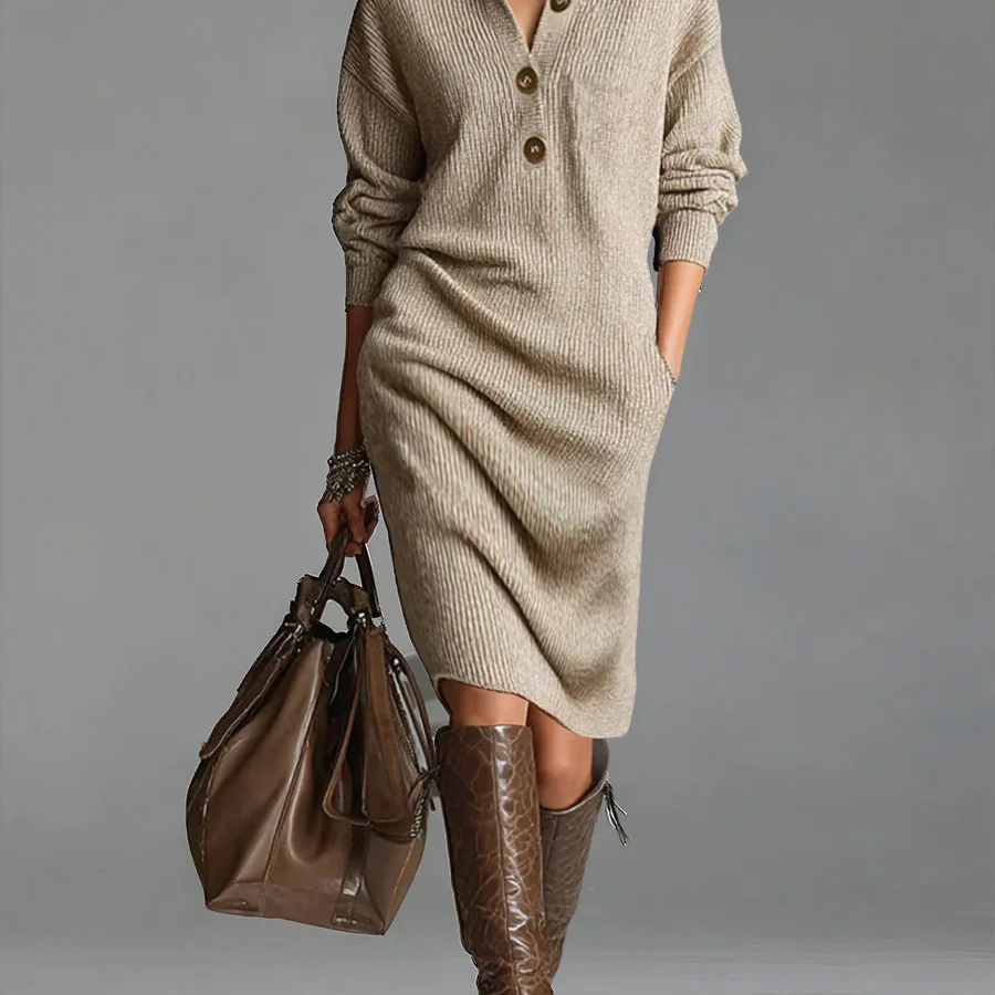 Zwarte Gebreide Midi Jurk met Kraag en Knopen – Elegant & Comfortabel | Herfst/Winter Look