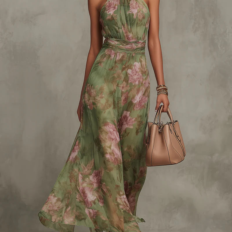 Aria - Elegante Groene Bloemenjurk