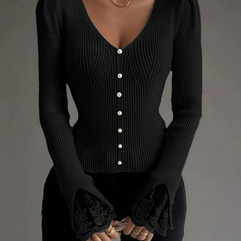 Elegante Geribde Damestrui met V-hals en Kantdetails