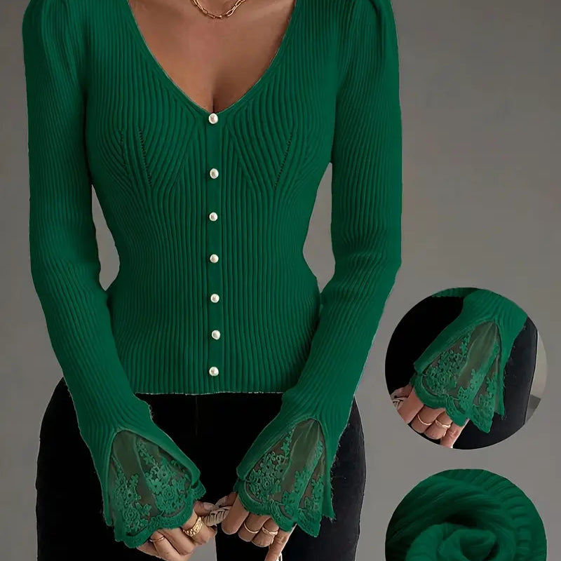 Elegante Geribde Damestrui met V-hals en Kantdetails