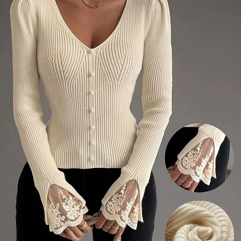 Elegante Geribde Damestrui met V-hals en Kantdetails